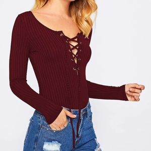 maroon tie-up bodysuit